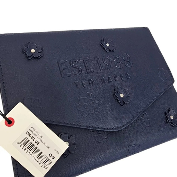 Ted Baker Felcon Floral Applique Envelope Pouch Navy Blue Clutch -No Wrist Strap - Picture 4 of 8